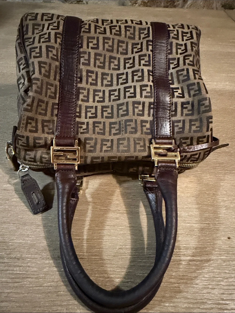 Fendi Brown Zucca Logo Canvas Satchel with Dark Brown Leather Trim